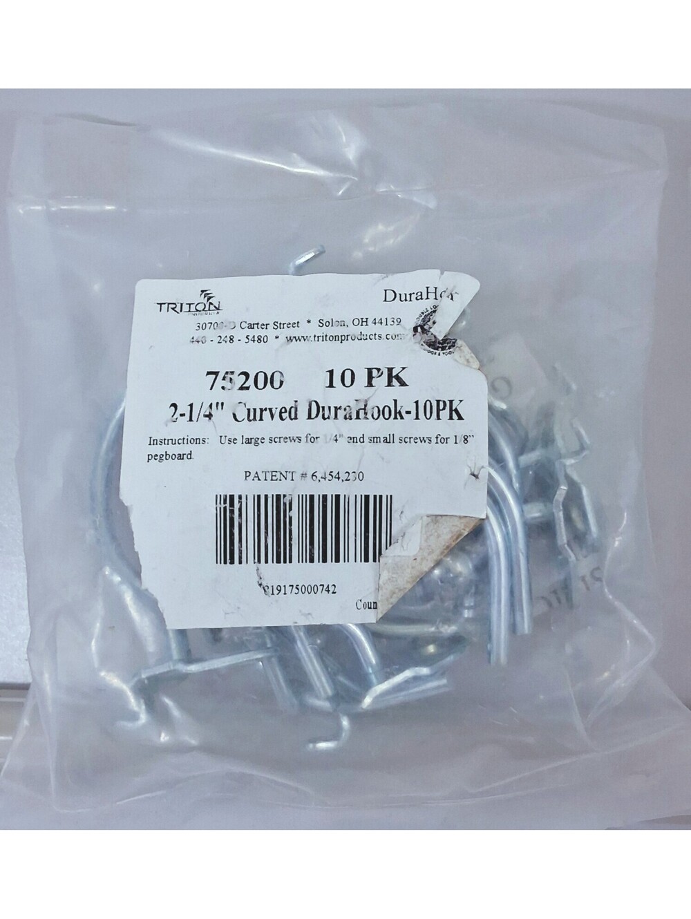 TRITON DuraHook 75200 2-1/4" Curved Steel Pegboard Hook For 1/8 " & 1/4" 10PK